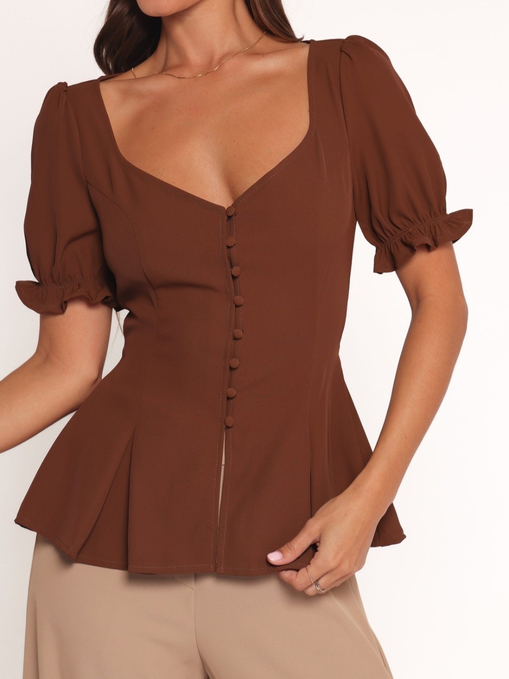 Brown Peplum Puff-Sleeve Top